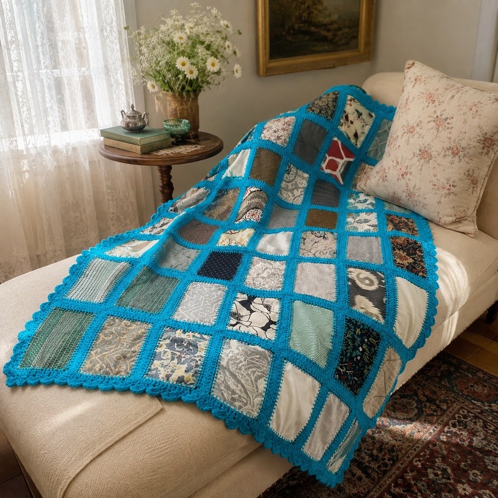 Handmade Patchwork Quilt Turquoise Crochet Border Eclectic Floral 62x43